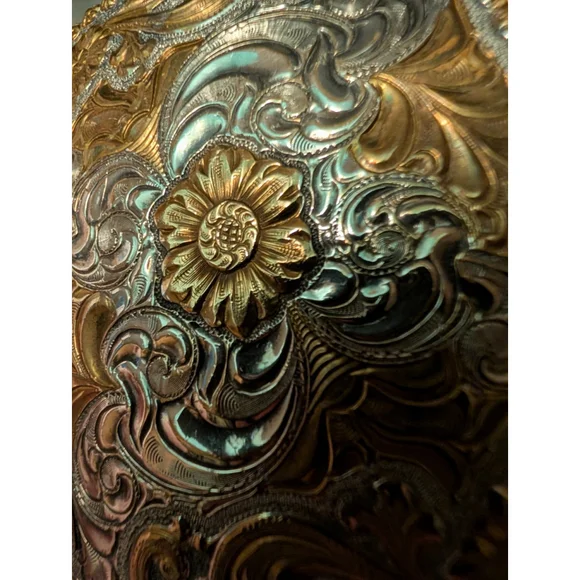 Vintage 90's Crumrine Belt Buckle Heavy Silverplate & Bronze Sunflower Made USA - Picture 3 of 9